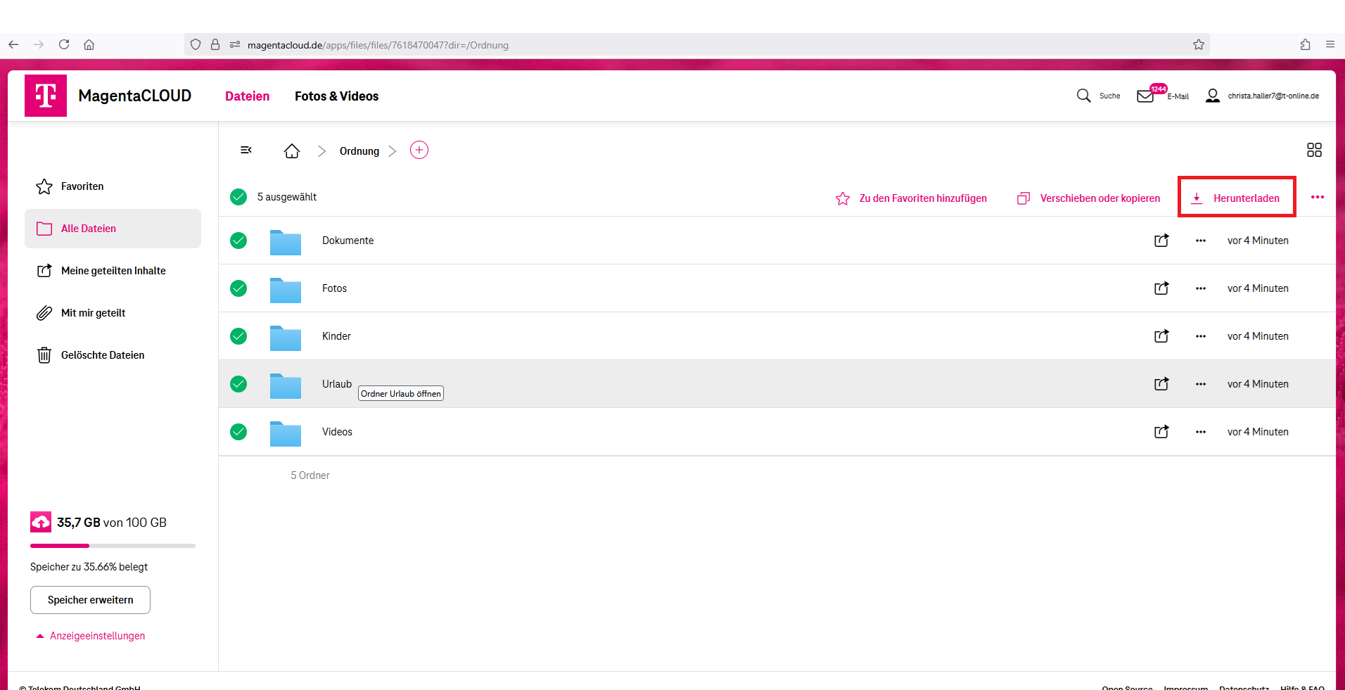 Screenshot aus der MagentaCloud Anwendung: MagentaCloud Datenschutz herunterladen.