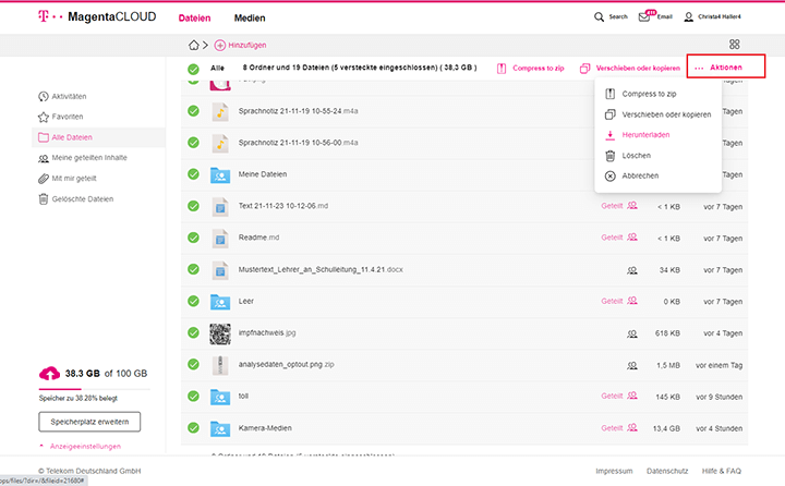 Screenshot aus der MagentaCloud Anwendung: MagentaCloud Datenschutz herunterladen.