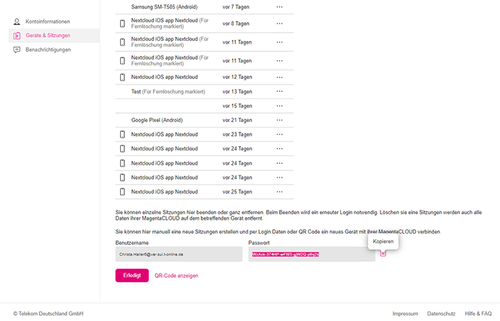 Screenshot aus der MagentaCloud Anwendung: Passwort für WebDav-Verbindung einrichten.