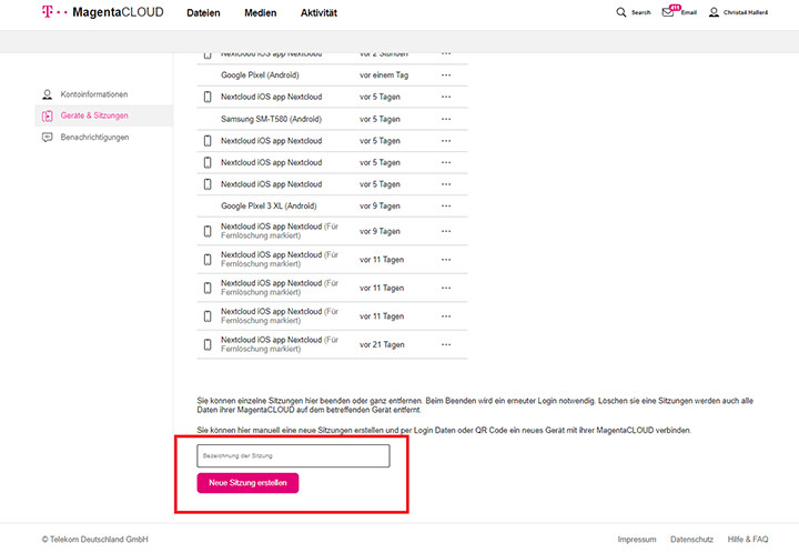 Screenshot aus der MagentaCloud Anwendung: Passwort für WebDav-Verbindung einrichten.