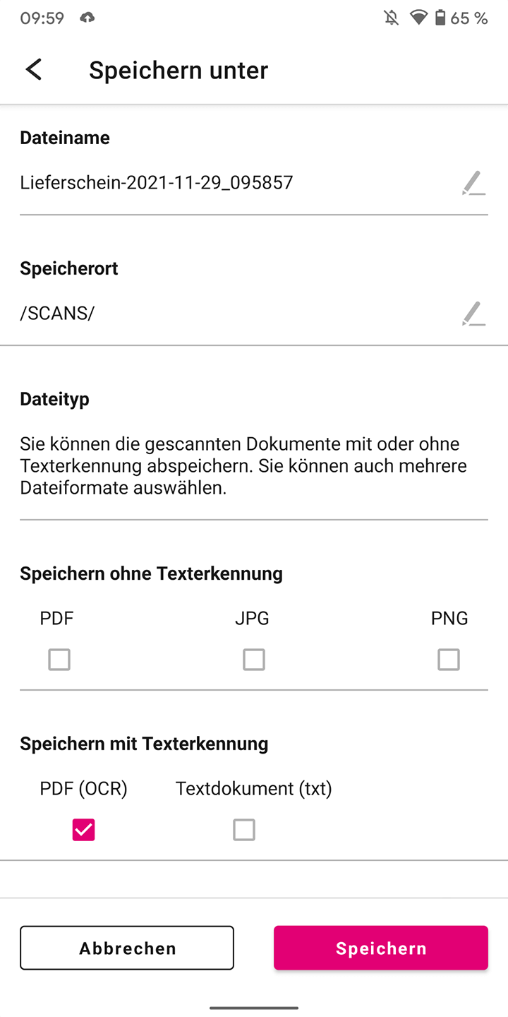 Screenshot aus der MagentaCloud Anwendung: Dokument speichern.