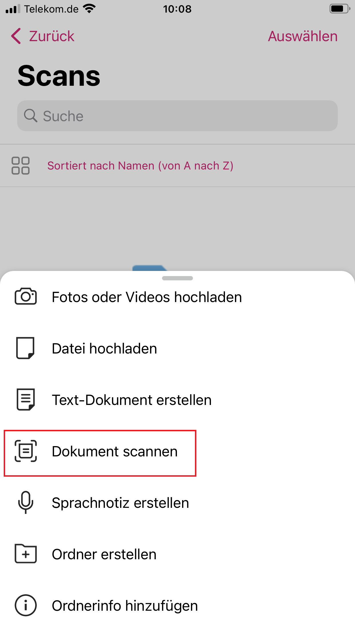 Screenshot aus der MagentaCloud Anwendung: Scanner aktivieren über das Kontextmenü.