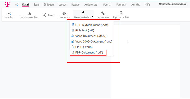 Screenshot aus der MagentaCloud Anwendung: Herunterladen von Dateien.