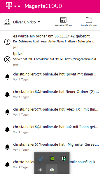 Screenshot aus der MagentaCloud Anwendung: Fehlermeldung Reservierter Name Dateisystem.