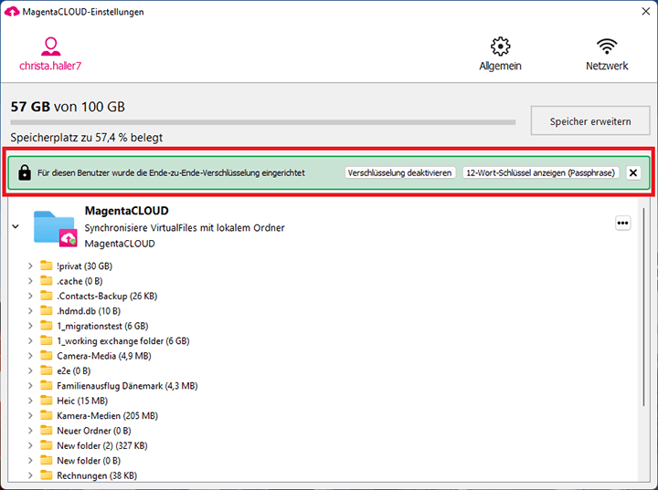 Screenshot aus der MagentaCloud Anwendung: Verschlüsselung aktiviert.