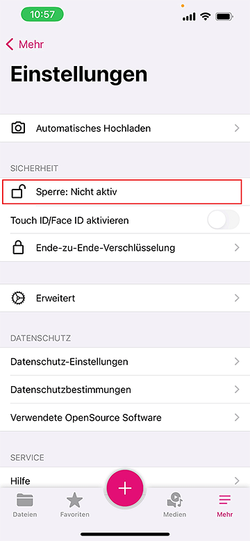 Screenshot aus der MagentaCloud Anwendung: App-Sperre nicht aktiv.