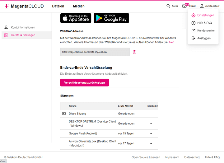 Screenshot aus der MagentaCloud Anwendung: Verschlüsselung des Web-Settings.