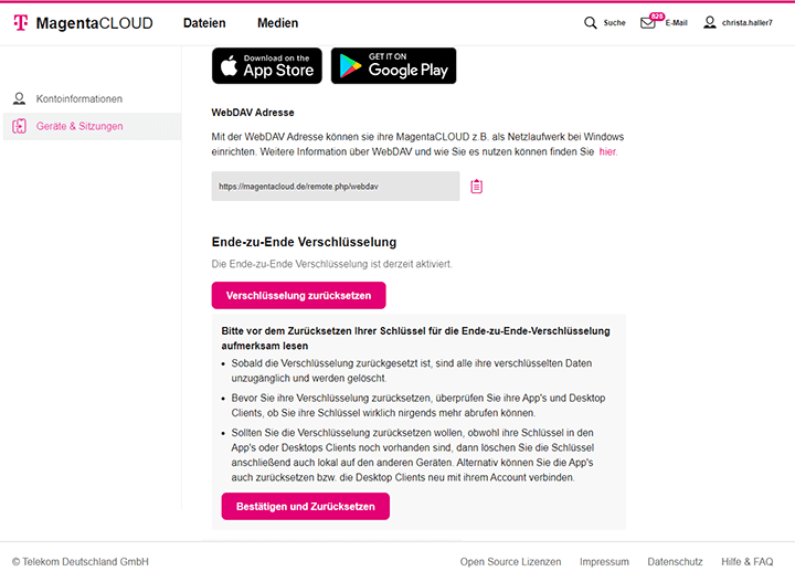 Screenshot aus der MagentaCloud Anwendung: Verschlüsselung Einstellungen.