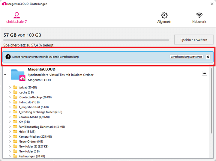 Screenshot aus der MagentaCloud Anwendung: Windows Einstellungen.